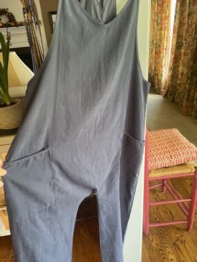 Woven Strappy Navy Jumpsuit with Front Zip Pocket